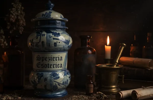 Un albarello di ceramica bianca e blu con la scritta «Spezieria Esoterica», fra boccette di vetro scuro, una candela accesa, un mortaio d’ottone e pergamene arrotolate