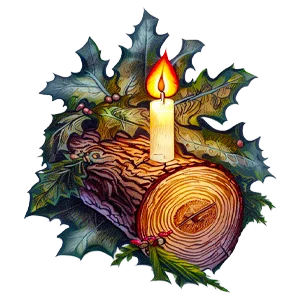 Yule, il solstizio d’inverno: il ceppo di quercia con la candela accesa, fra agrifoglio e pigne