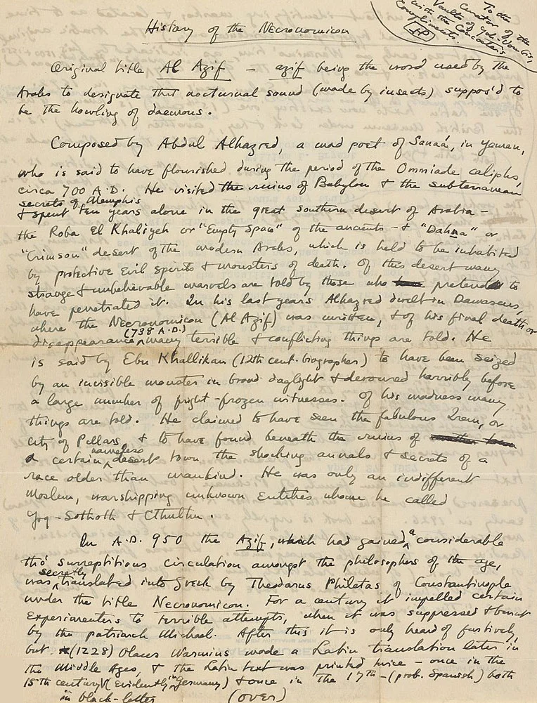 La prima pagina del manoscritto di Lovecraft, "Storia del Necronomicon" (1927), nel Repositorio Digitale dell'Università di Brown