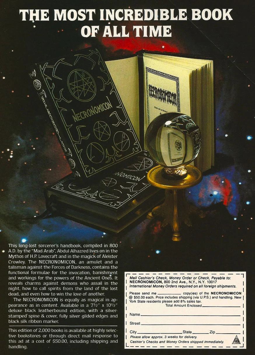 Annuncio pubblicitario del Necronomicon, Rivista Omni, novembre 1980.