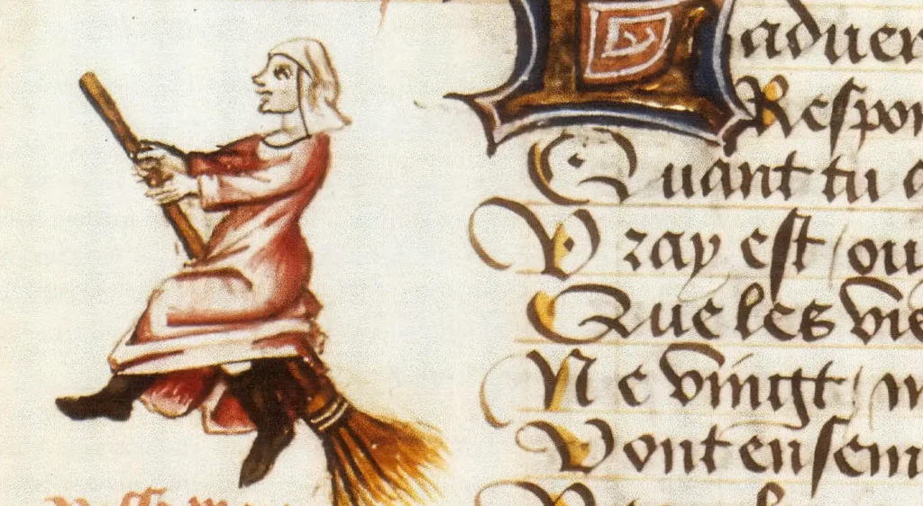 Prima rappresentazione di streghe in volo su scope, miniatura dal manoscritto Le Champion des Dames, 1451