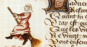Prima rappresentazione di streghe in volo su scope, miniatura dal manoscritto Le Champion des Dames, 1451