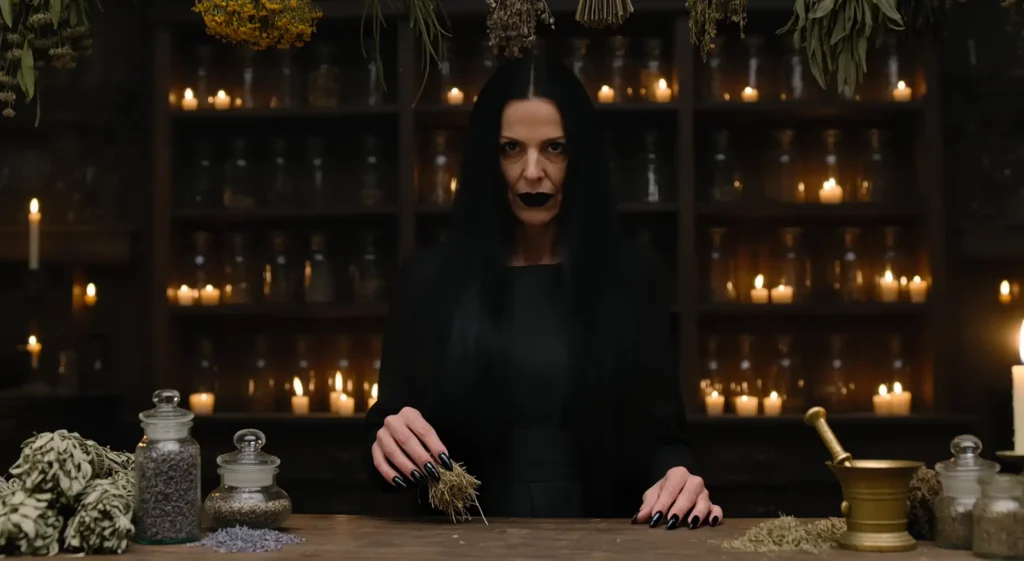 Strega con erbe magiche su tavolo da spezieria - rituali con erbe
