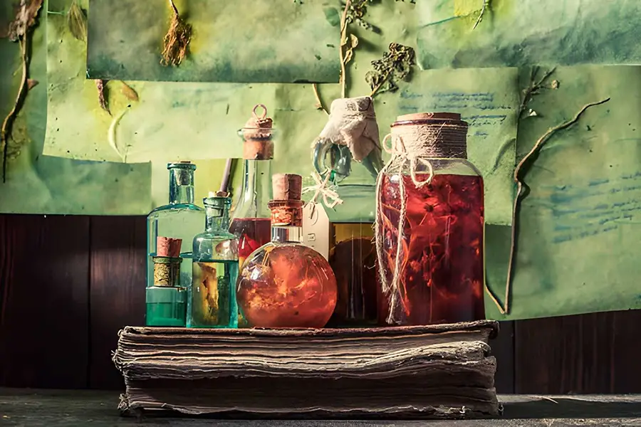 Preparazione di tinture rituali con erbe magiche in barattoli di vetro