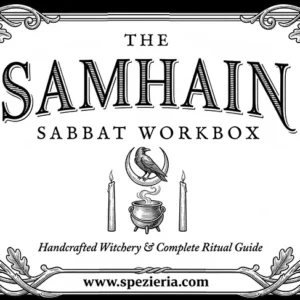 Etichetta grafica The Samhain Sabbat Workbox con cornice botanica e simboli rituali