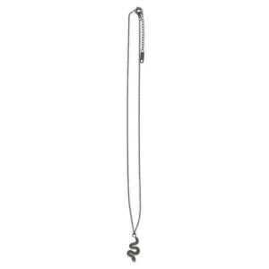 Collana con ciondolo serpente in metallo argentato stesa verticalmente su sfondo bianco