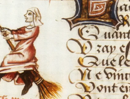 Prima rappresentazione di streghe in volo su scope, miniatura dal manoscritto Le Champion des Dames, 1451