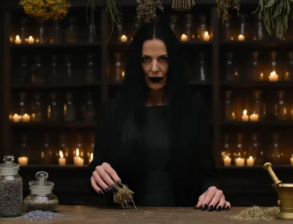 Strega con erbe magiche su tavolo da spezieria - rituali con erbe
